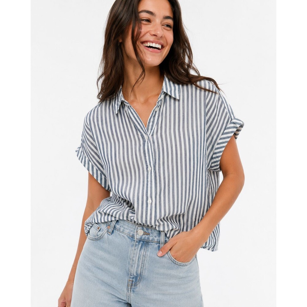 Banana Republic Women M Blue White Striped Cotton Button Up Roll Tab Shirt